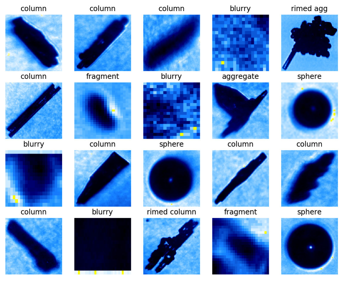 This gallery shows a variety of crystal shapes from the Classification of Cloud Particle Imagery and Thermodynamics project