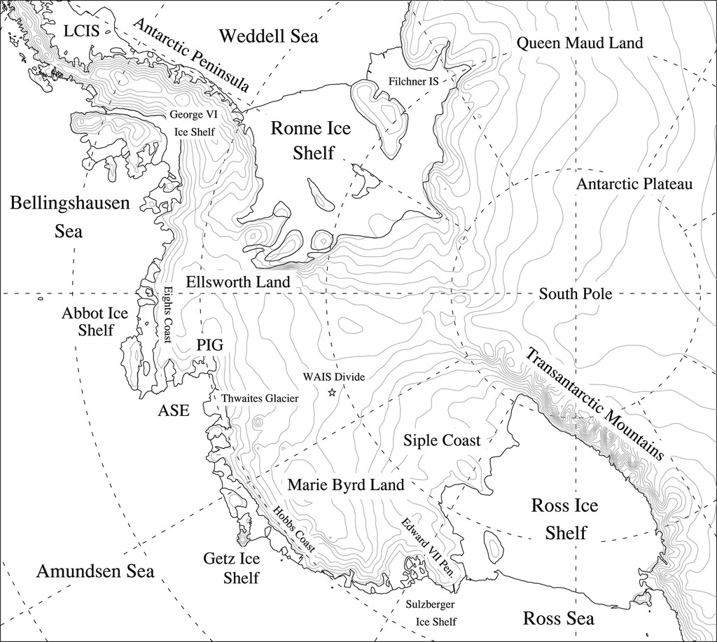 Map of West Antarctica used in a 2019 paper by former Lubin graduate student Ryan C. Scott. Topographic contours are shown at 250-meter intervals. Map courtesy of the Journal of Climate.